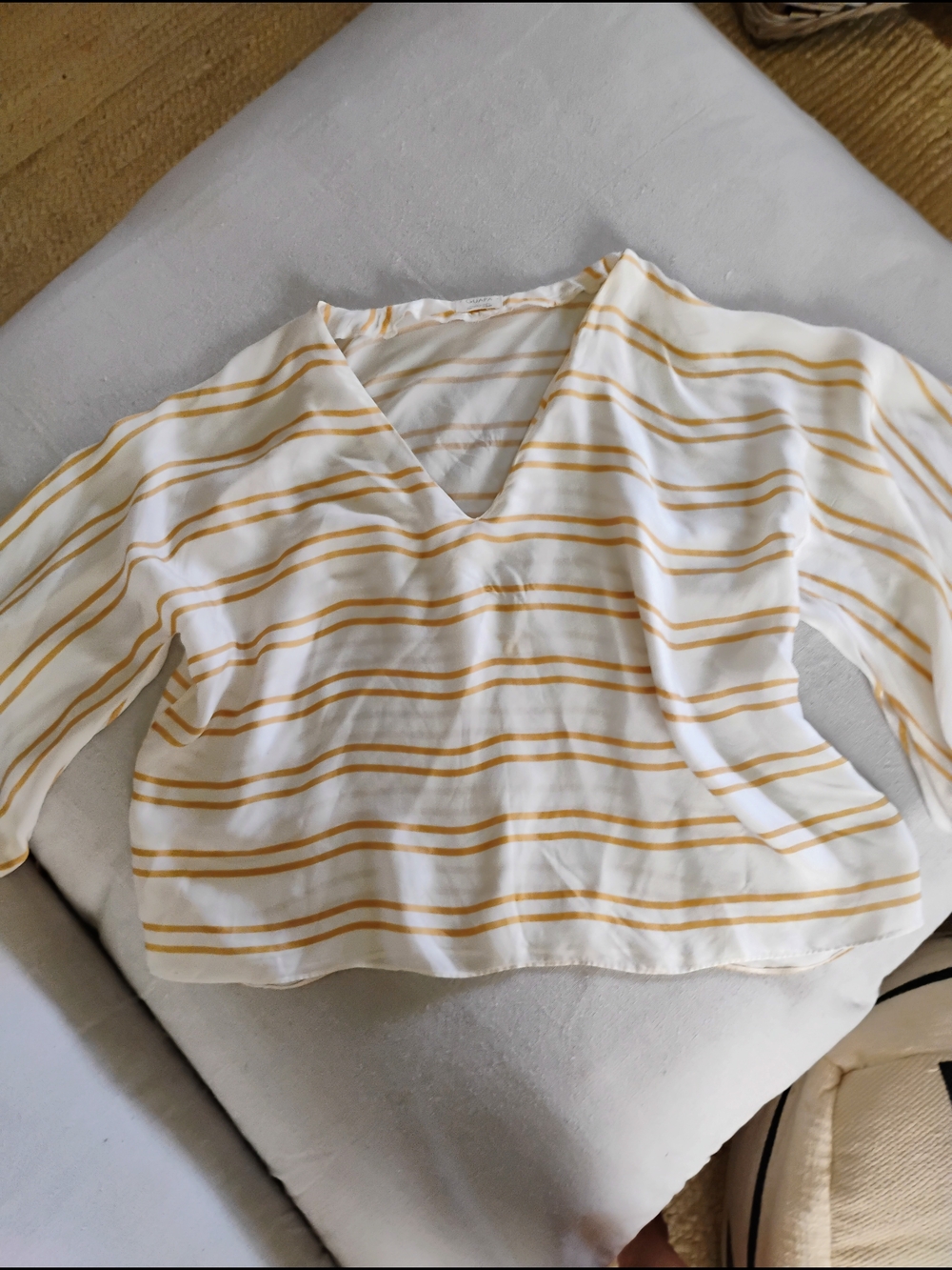 Silky Cotton Beautiful Striped V-Neck Women's Top in White and Mustard Size L